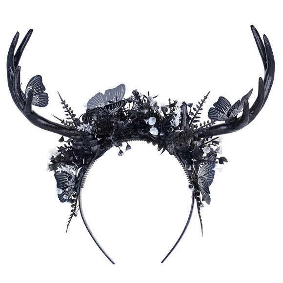 Handmade Black Deer Antlers Headband Gothic Reindeer Horns Elf Crown Dark Woodla